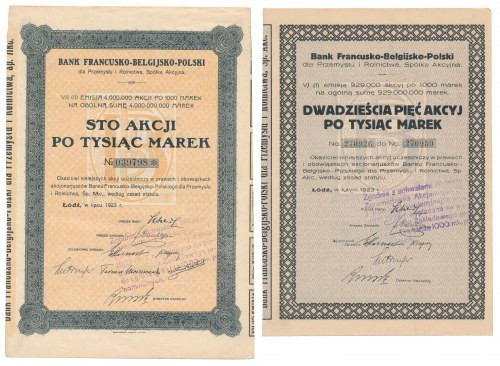 Bank Francusko-Belgijsko-Polski, Em.6-7, 25x i 100x 1.000 mk 1923 (2szt) Referen...