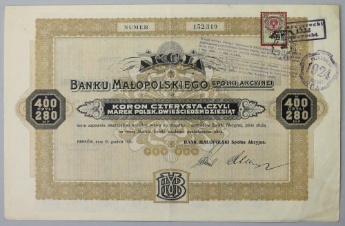 Bank Małopolski, 400 kr 12.1920 Reference: Koziorowski 77-4