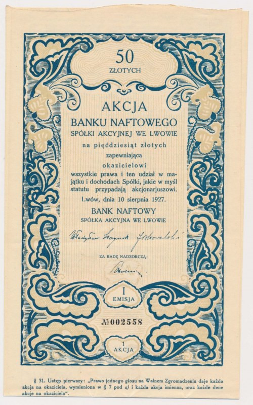 Bank Naftowy we Lwowie, Em.1, 50 zł 1927 Charakterystyczny, wąski i długi format...