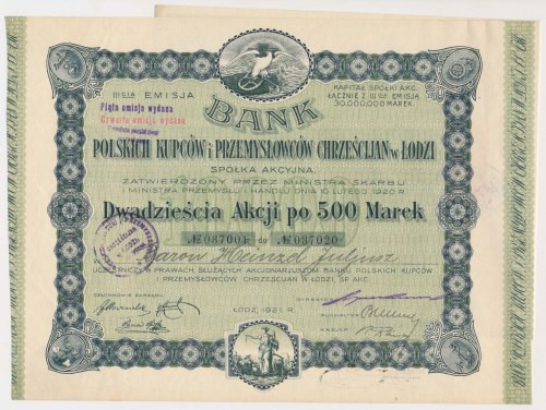 Bank Polskich Kupców i ..., Em.3, 20x 500 mkp 1921 Reference: Koziorowski 103-11...