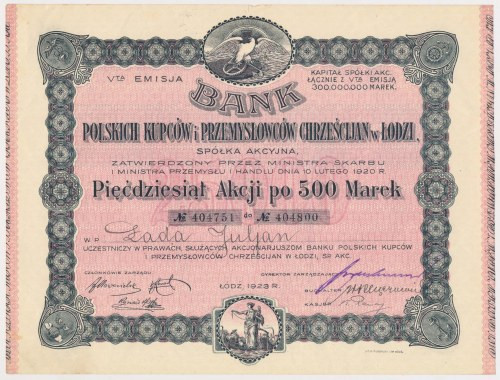 Bank Polskich Kupców i ..., Em.5, 50x 500 mkp 1923 Reference: Koziorowski 103-20...