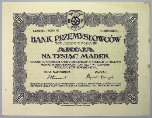 Bank Przemysłowców w Poznaniu, Em.1, 1.000 mkp Reference: Koziorowski 108-1