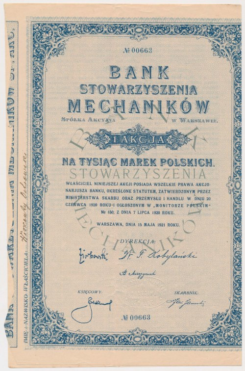 Bank Stowarzyszenia Mechaników, 1.000 mkp 1921 Reference: Koziorowski 124-1