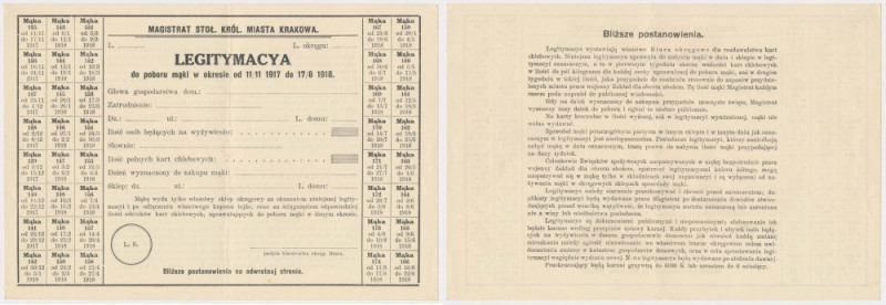 Kraków, Lagitymacya do poboru mąki, okres 11/11 1917 do 17/8 1918