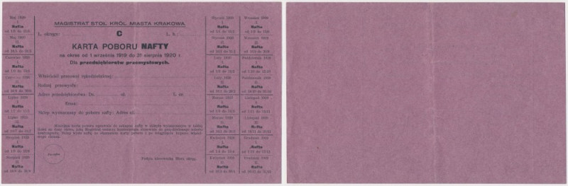 Kraków, Karta poboru nafty - C, okres 1 września 1919 do 31 sierpnia 1920