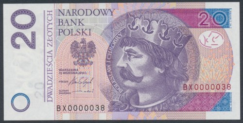 20 zł 2016 BX - 0000038 - niski numer 
Grade: UNC