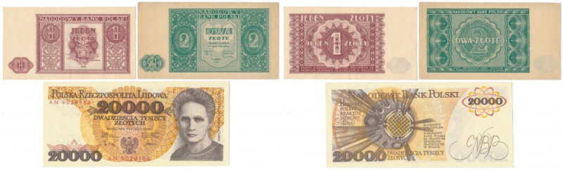 Zestaw 1 i 2 zł 1946 i 20.000 zł 1989 (3szt) 1 zł st.2+, ugięty pionowo&nbsp; 2 ...