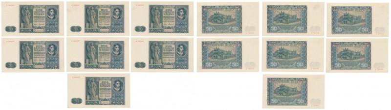 50 złotych 1941 - D - zestaw (7szt) Plika banknotów w pięknych stanach; dwa kole...