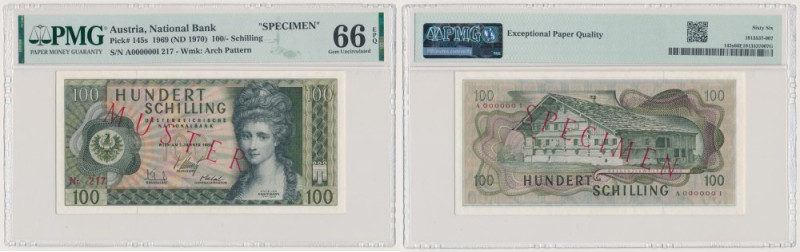 Austria, 100 Schilling 1969 (ND 1970) SPECIMEN Reference: Pick 145s
Grade: PMG ...