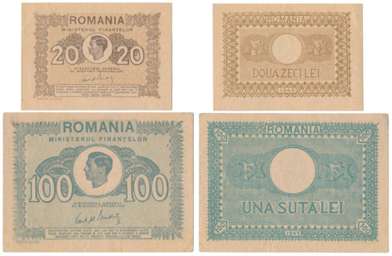 Romania, 20 & 100 Lei 1945 (2pcs) 20 lei st.2- 100 lei st.3+ Reference: Pick 76,...