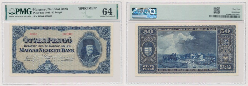 Hungary, 50 Pengö 1926 SPECIMEN Reference: Pick 92s
Grade: PMG 64