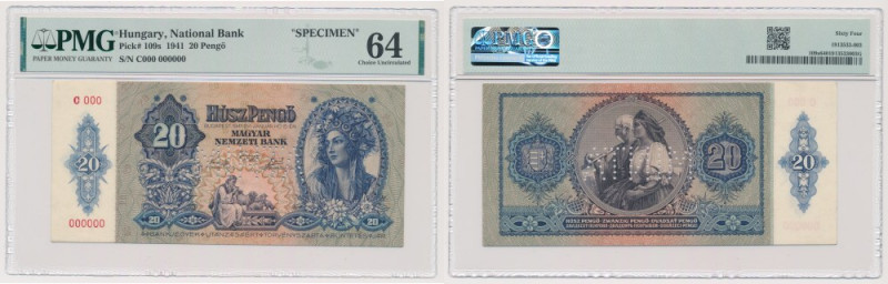 Hungary, 20 Pengö 1941 SPECIMEN Reference: Pick 109s
Grade: PMG 64 MAX