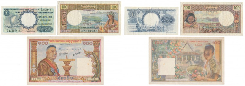 Malaya and British Borneo, New Caledonia & Laos - set of banknotes (3pcs) 
Grad...