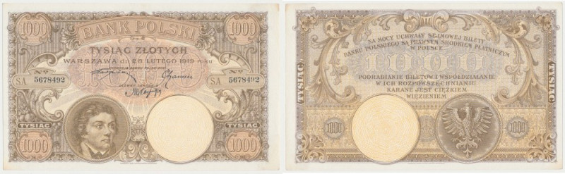 1.000 złotych 1919 Znakomita sztuka bez żadnych ugięć, jedynie z zauważalnym zaż...