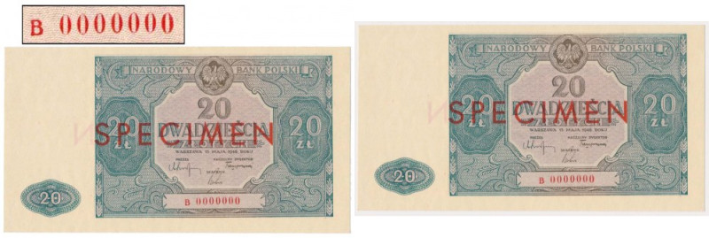 20 złotych 1946 - B 0000000 - SPECIMEN Akcept produkcyjny z numeracją zerową i n...