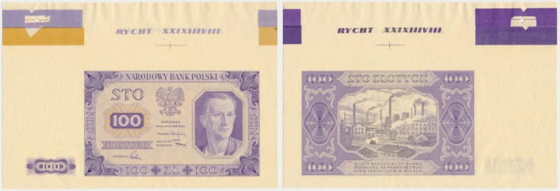 100 złotych 1948 - PRÓBA KOLORYSTYCZNA - szerokie marginesy Bardzo efektowana pr...