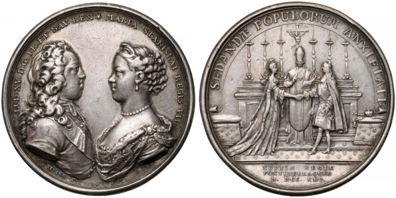 Francja, Medal zaślubinowy Ludwika XV i Marii Leszczyńskiej (1725) XVIII-wieczny...