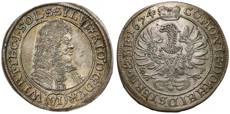 Śląsk, Sylwiusz Fryderyk, 6 krajcarów 1674 SP, Oleśnica Piękna prezencja. Moneta...