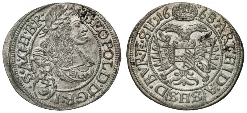 Śląsk, Leopold I, 3 krajcary 1668 SHS, Wrocław Menniczy, z zabrudzeniem przy LEO...