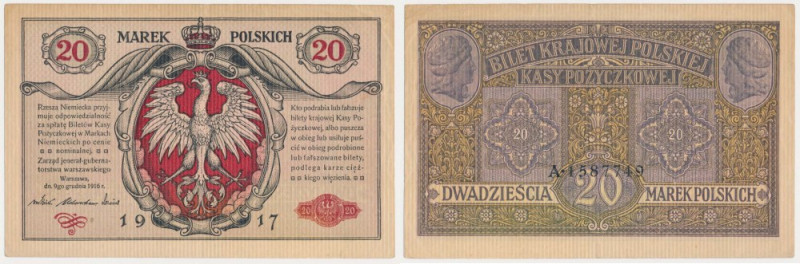 20 mkp 1916 jenerał - A 158... Bardzo ładny banknot.&nbsp; Pierwsza emisja jener...