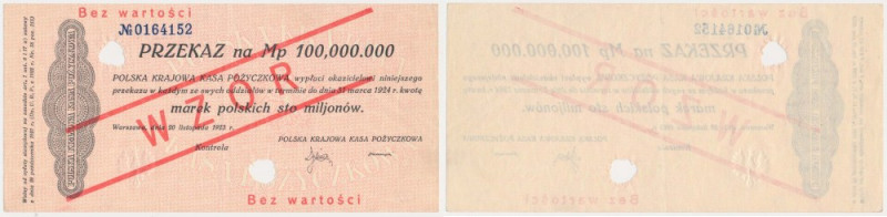 Przekaz na 100 mln mkp 1923 - WZÓR - numeracja bieżąca Reference: Miłczak 41Wc
...