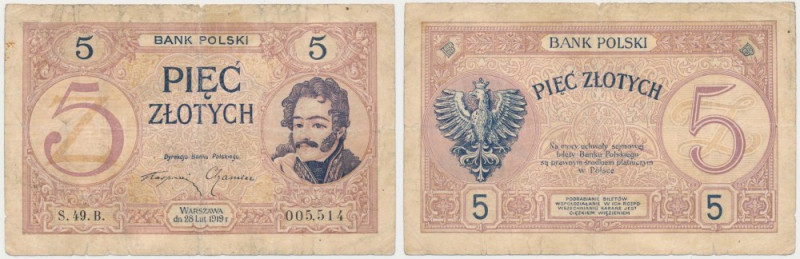 5 złotych 1919 - S.49. B. Oczyszczony, ale bez konserwatorskich zabiegów naprawc...