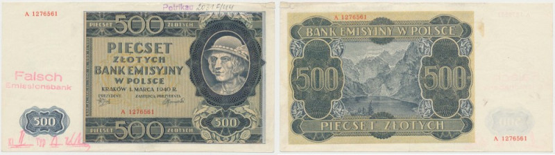 500 złotych 1940 - fałszerstwo londyńskie Dywersyjne fałszerstwo wykonane w Angl...