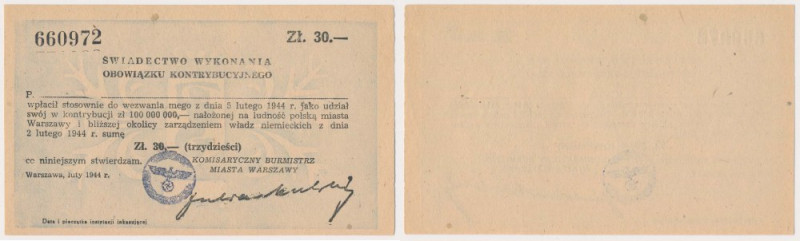 Świadectwo Kontrybucji 30 złotych 1944 - niemiecka pieczątka Egzemplarz opatrzon...