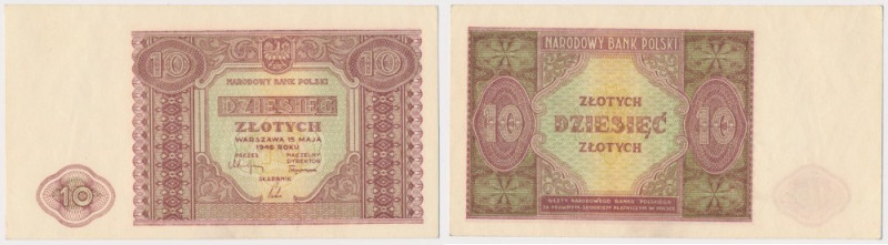 10 złotych 1946 Delikatne ugięcie poziome i pionowe.&nbsp; Reference: Miłczak 12...