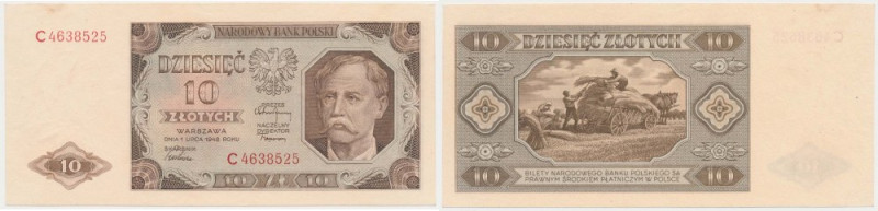 10 złotych 1948 - C Rdzawa plamka w papierze na górnym marginesie; bez ugięć w p...