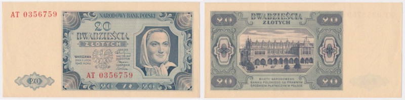 20 złotych 1948 - AT Seria dwuliterowa z dużą czcionką numeratora.&nbsp;
Refere...