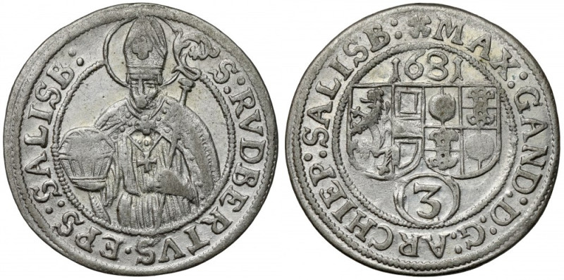 Austria, Max Gandolf von Kuenburg, 3 krajcary 1681, Salzburg 
Grade: XF