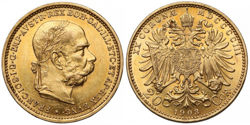 Austria, Franciszek Józef I, 20 koron 1903 Złoto, średnica 21 mm, waga 6,76 g. ...