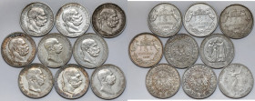 Austro-Węgry, 5 koron 1907-1909 - zestaw (9szt)