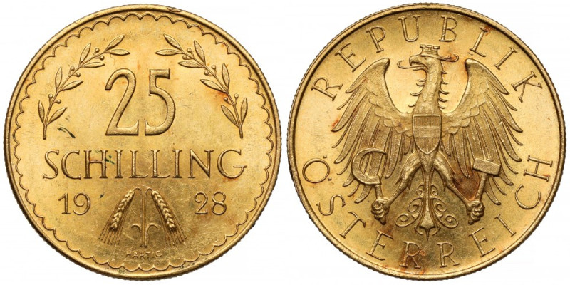 Austria, 25 szylingów 1928 Złoto, średnica 21 mm, waga 5,87 g.&nbsp; 
Grade: AU...