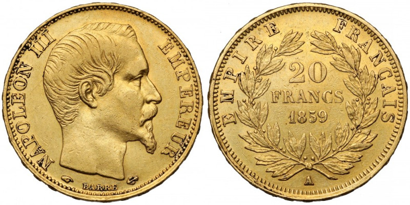 Francja, Napoleon III, 20 franków 1859-A, Paryż Złoto, waga 6,39 g 
Grade: XF-...