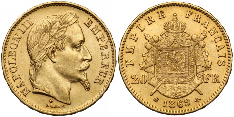 Francja, Napoleon III, 20 franków 1869-BB, Strasbourg Złoto, waga 6,41 g 
Grade...