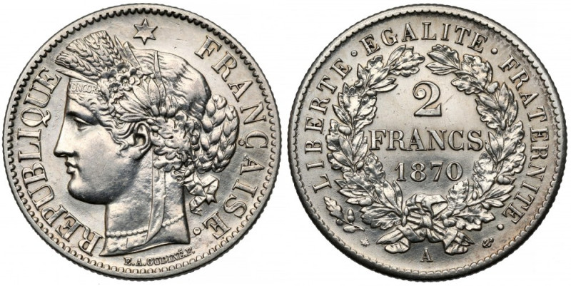 Francja, 2 franki 1870-A, Paryż - rzadkie Powierzchnia monety wypolerowana.&nbsp...