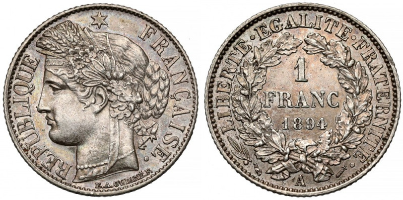 Francja, Frank 1894-A, Paryż Bardzo ładna, w stanie naturalnej, menniczej świeżo...