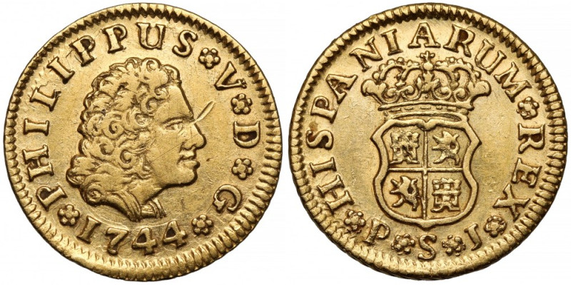 Hiszpania, Filip V, 1/2 escudo 1744 SPJ, Sewilla Złoto, średnica 15 mm, waga 1,7...