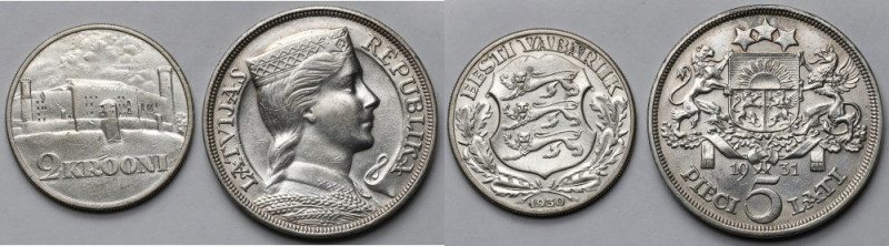 Łotwa i Estonia, 5 lati 1931 i 2 krooni 1930 - zestaw (2szt) 
Grade: 3+, 2