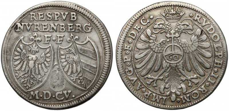 Norymberga, Reichsguldiner 1605 Srebro, średnica 38 mm, waga 24,41 g.&nbsp; 
Gr...