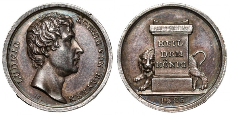 Niemcy, Bawaria, Ludwig I, Medal 1825 - Heil Dem König Srebro, średnica 14 mm, w...