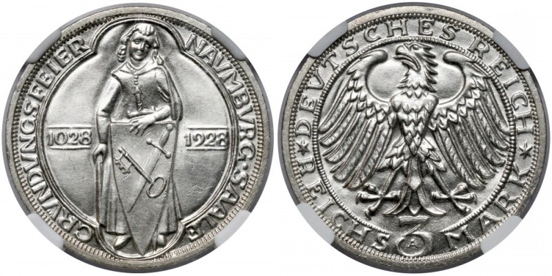 Weimar, 3 mark 1928-A, Naumburg Piękna moneta. 
Reference: Jaeger 333
Grade: N...