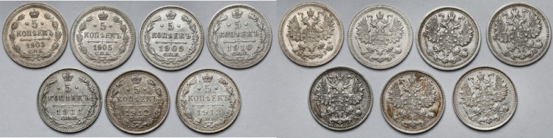 Rosja, Mikołaj II, 5 kopiejek 1903-1913 - zestaw (7szt) 
Grade: 3 do 1-