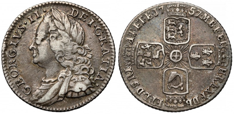 Anglia, Jerzy II, Shilling 1757 Bardzo ładna moneta.&nbsp; 
Grade: XF