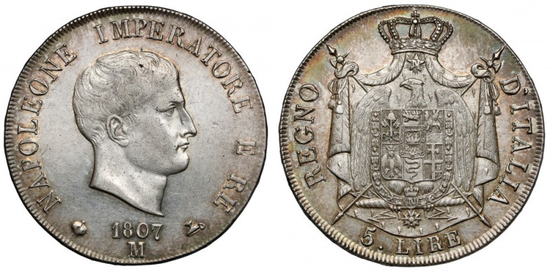 Włochy, Napoleon I, 5 lir 1807-M, Milan Piękna moneta. Wyśmienita, świeża prezen...