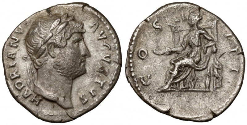 Hadrian (117-138 n.e.) Denar Awers: Głowa cesarza w wieńcu laurowym, w prawo, w ...