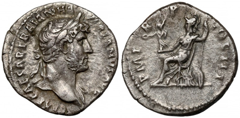 Hadrian (117-138 n.e.) Denar Awers: Popiersie cesarza w wieńcu laurowym, w prawo...