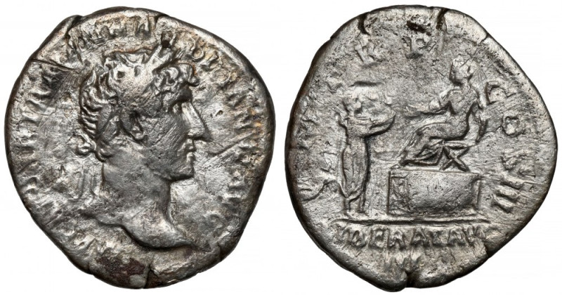 Hadrian (117-138 n.e.) Denar Awers: Popiersie cesarza w wieńcu laurowym, w prawo...